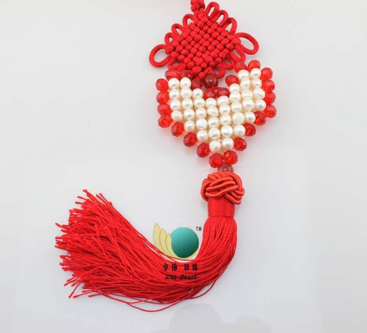 淡水珍珠手工编织元宝型 大红水晶心型 珍珠饰品 140134